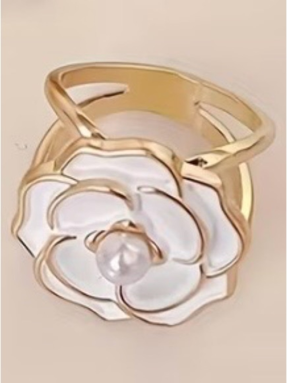 White Enamel & Gold Flower w/ Faux Pearl Center Scarf Slide